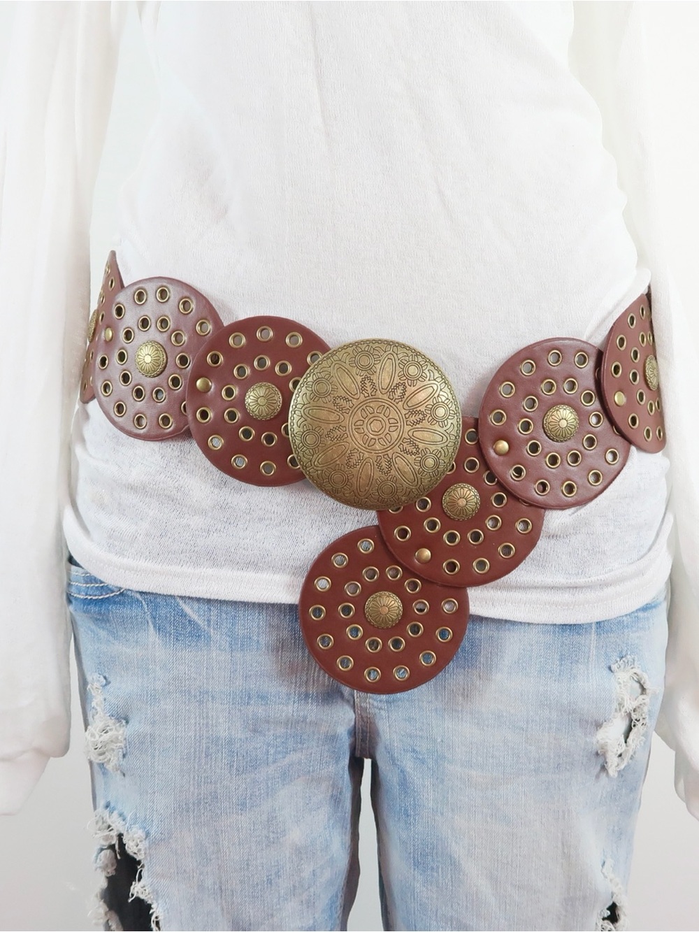 Boho Brown Statement Disc Waist Belt with Antique Gold Medallions